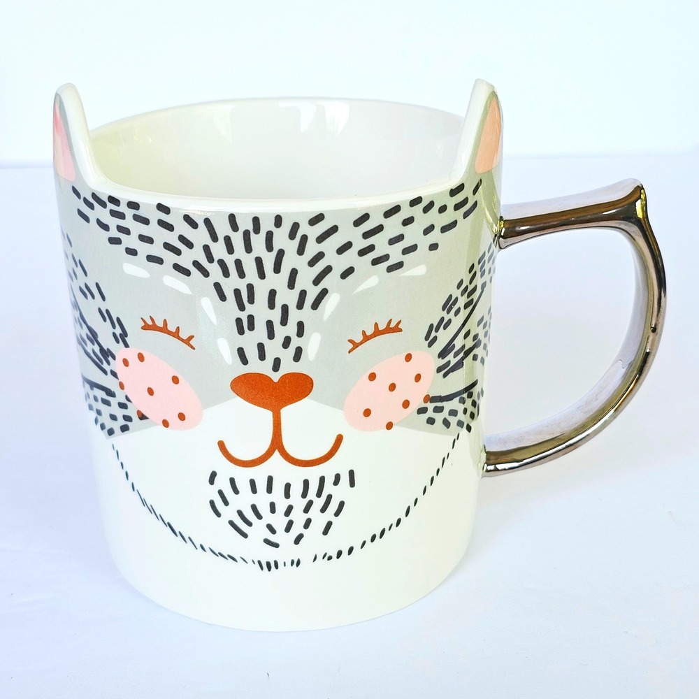 Rosanna Cat Face Ceramic Mug with 3D Ears and Silver Handle Whimsical Kawaii